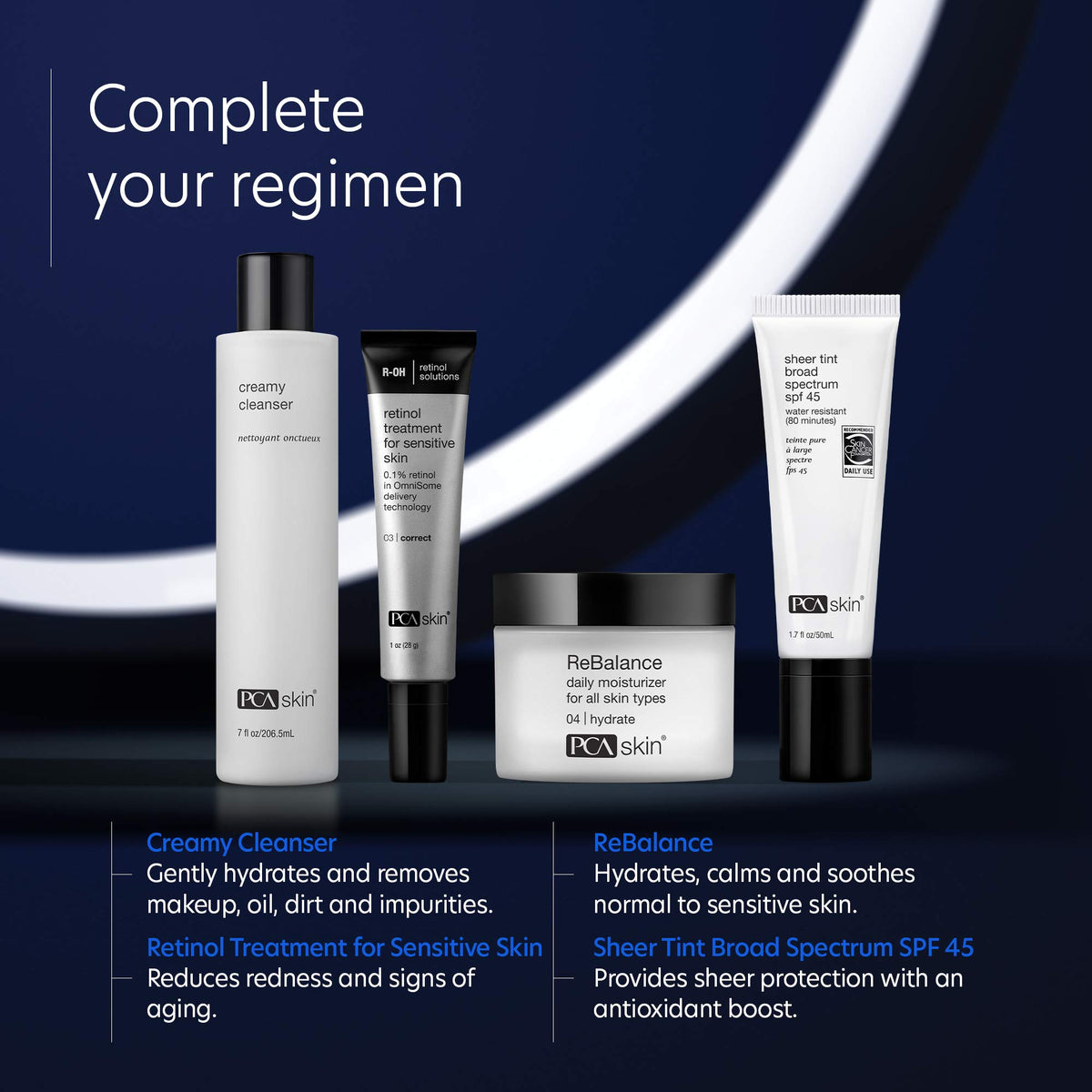 PCA SKIN serum applied in nighttime routine showing calm, soothing application