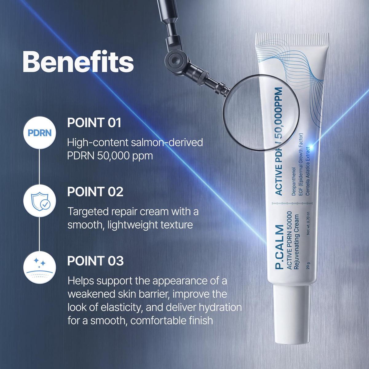 P.CALM cream on fingertip ready to apply, demonstrating smooth spreadability benefit