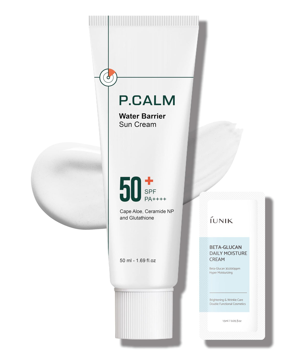 P.CALM front packaging showing SPF50+ protection and matte benefits