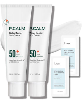 P.CALM front packaging showing SPF 50+ and matte promise