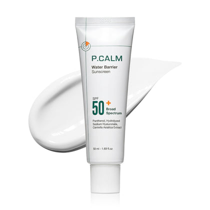 P.CALM front packaging showing SPF50+ protection and tube design