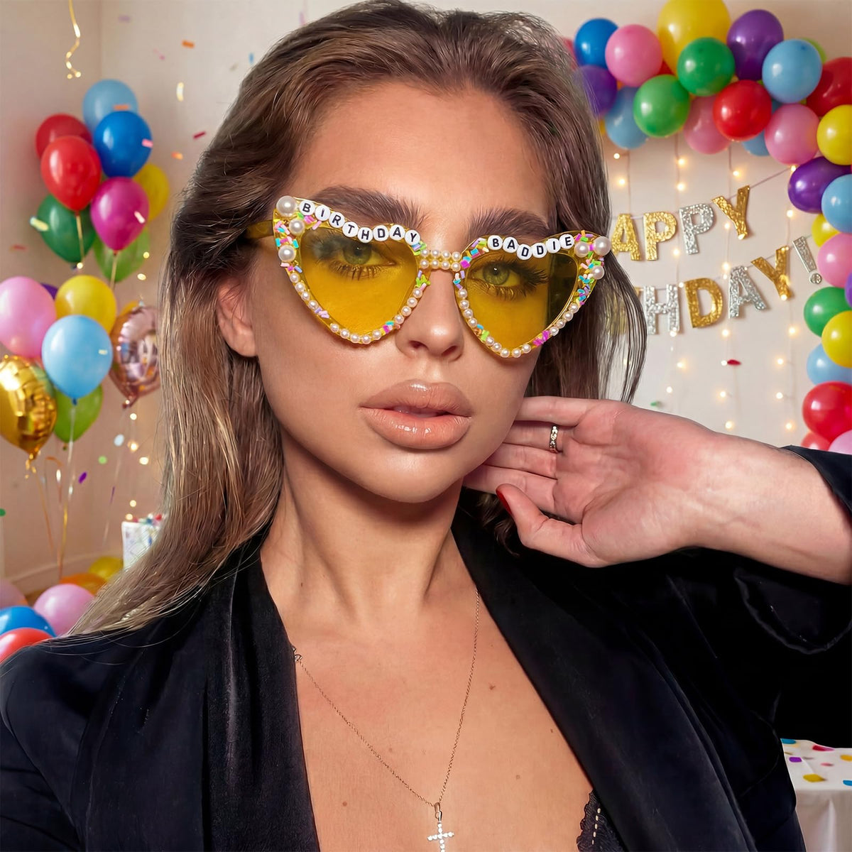 PcwBcn sash metallic lettering close-up emphasizing bold birthday message