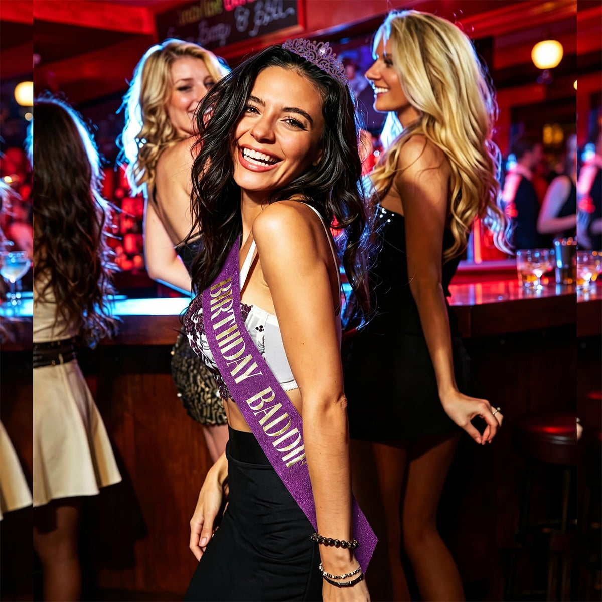 PcwBcn sash worn over dress demonstrating flattering fit and celebratory shimmer