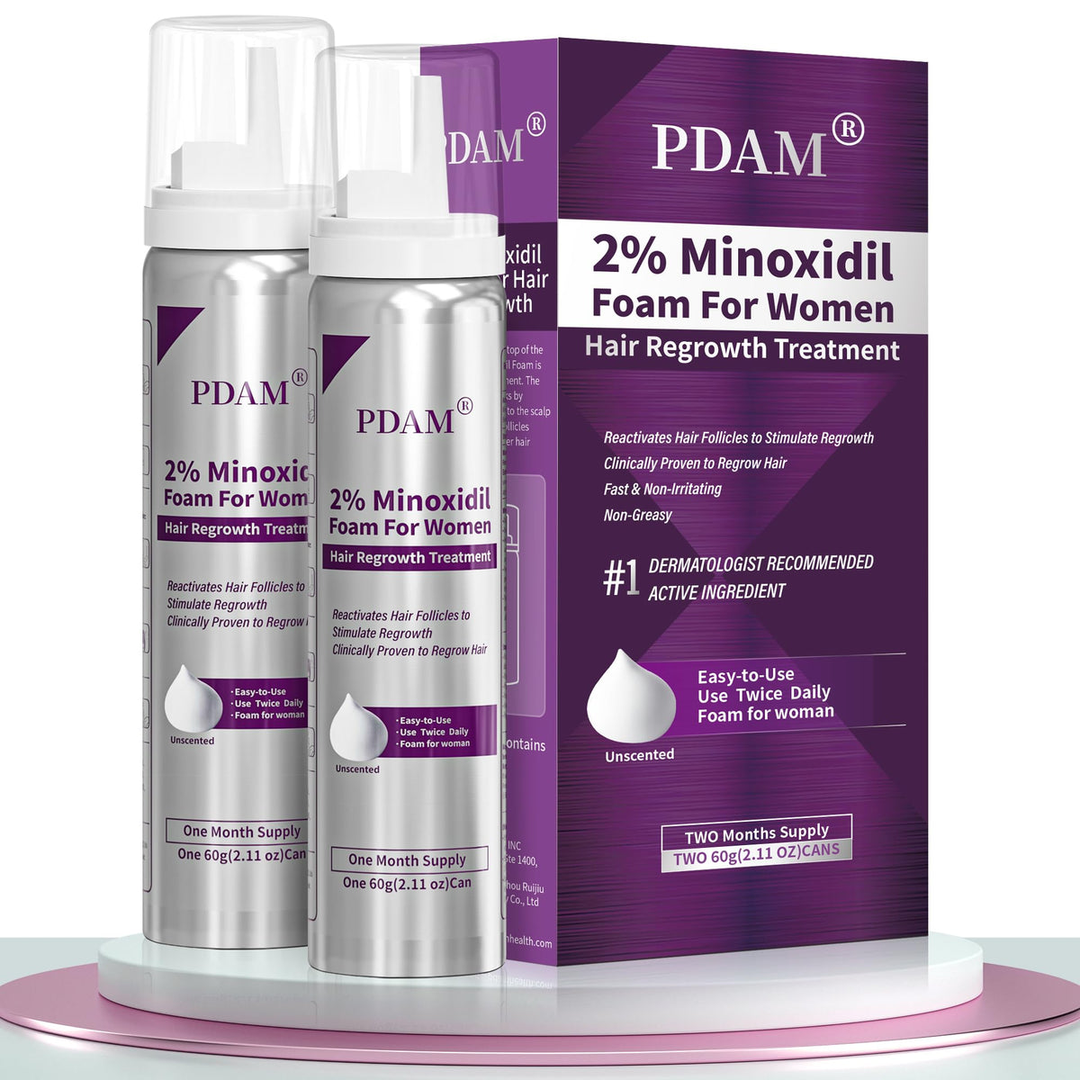 Pdam front packaging showing 2% minoxidil foam and clear usage benefit