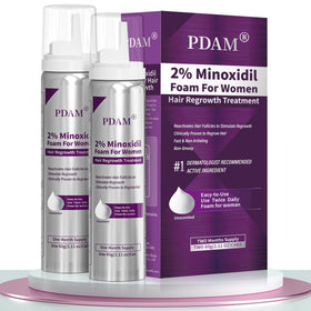 Pdam front packaging showing 2% minoxidil foam and clear usage benefit