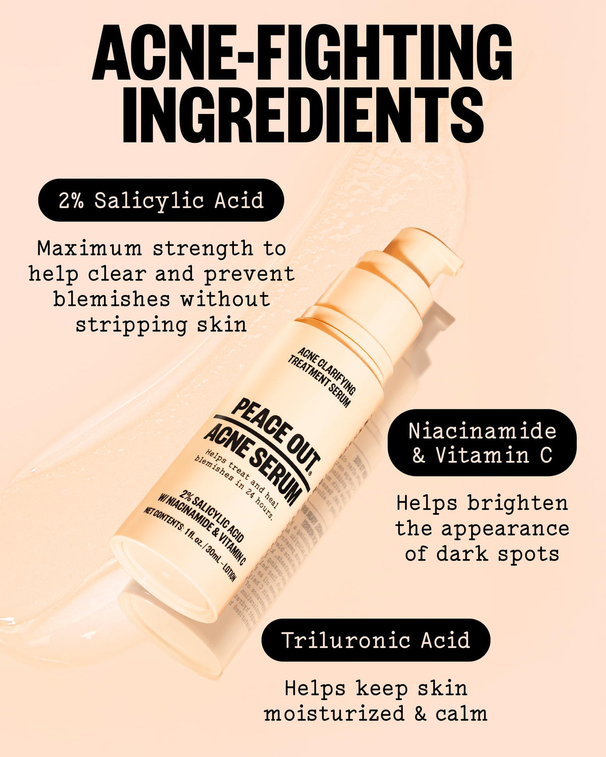 PEACE OUT serum on hand showing spreadability and fast-absorbing benefit