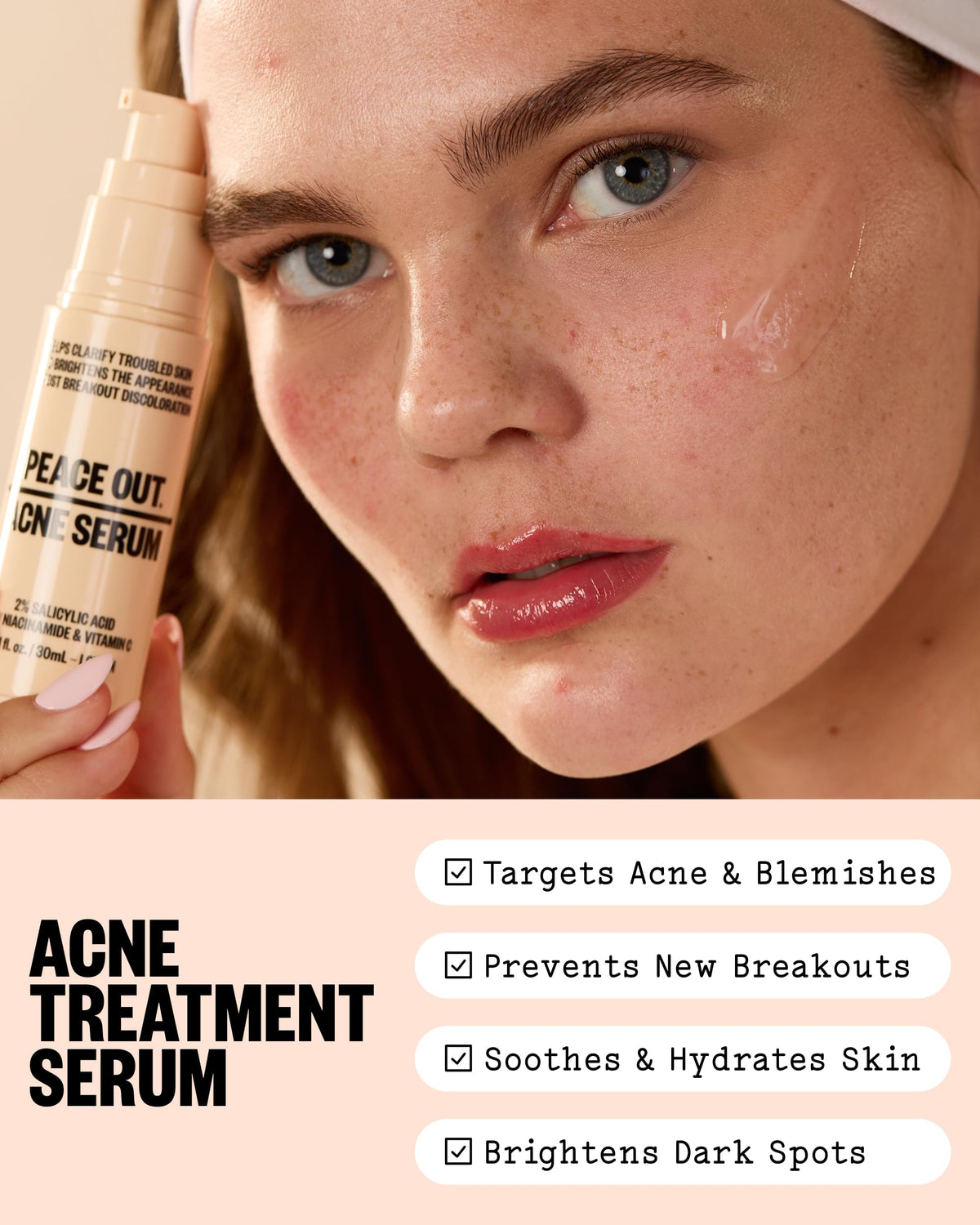 PEACE OUT pump dispensing serum illustrating control and hygienic application benefit