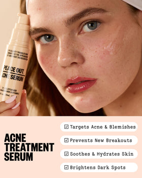 PEACE OUT pump dispensing serum illustrating control and hygienic application benefit