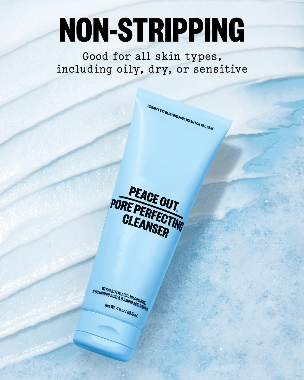 PEACE OUT cleanser on bathroom counter in routine setting for daily use