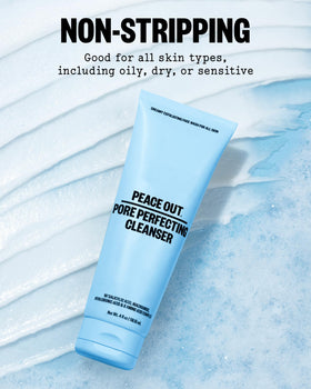 PEACE OUT cleanser on bathroom counter in routine setting for daily use