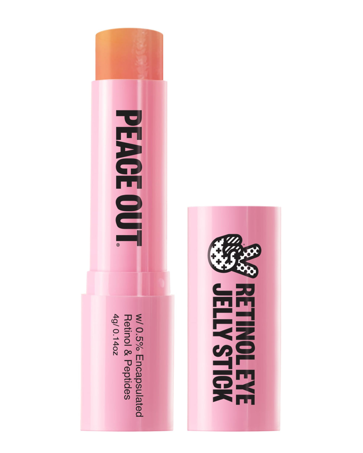 PEACE OUT front packaging of retinol eye jelly stick showing product benefits