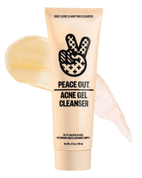 PEACE OUT front packaging showing acne gel cleanser benefits and clear labeling