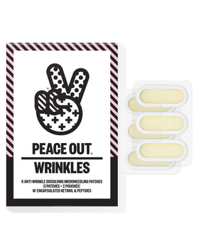PEACE OUT front packaging showing product name and six patches benefits