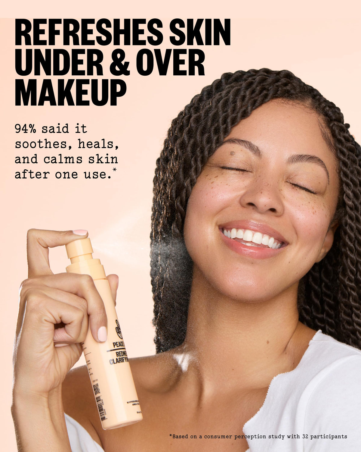 PEACE OUT mist being applied over makeup to refresh and soothe skin