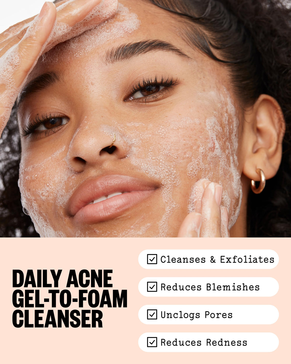 PEACE OUT gel-to-foam texture on hand demonstrating gentle lather and cleansing