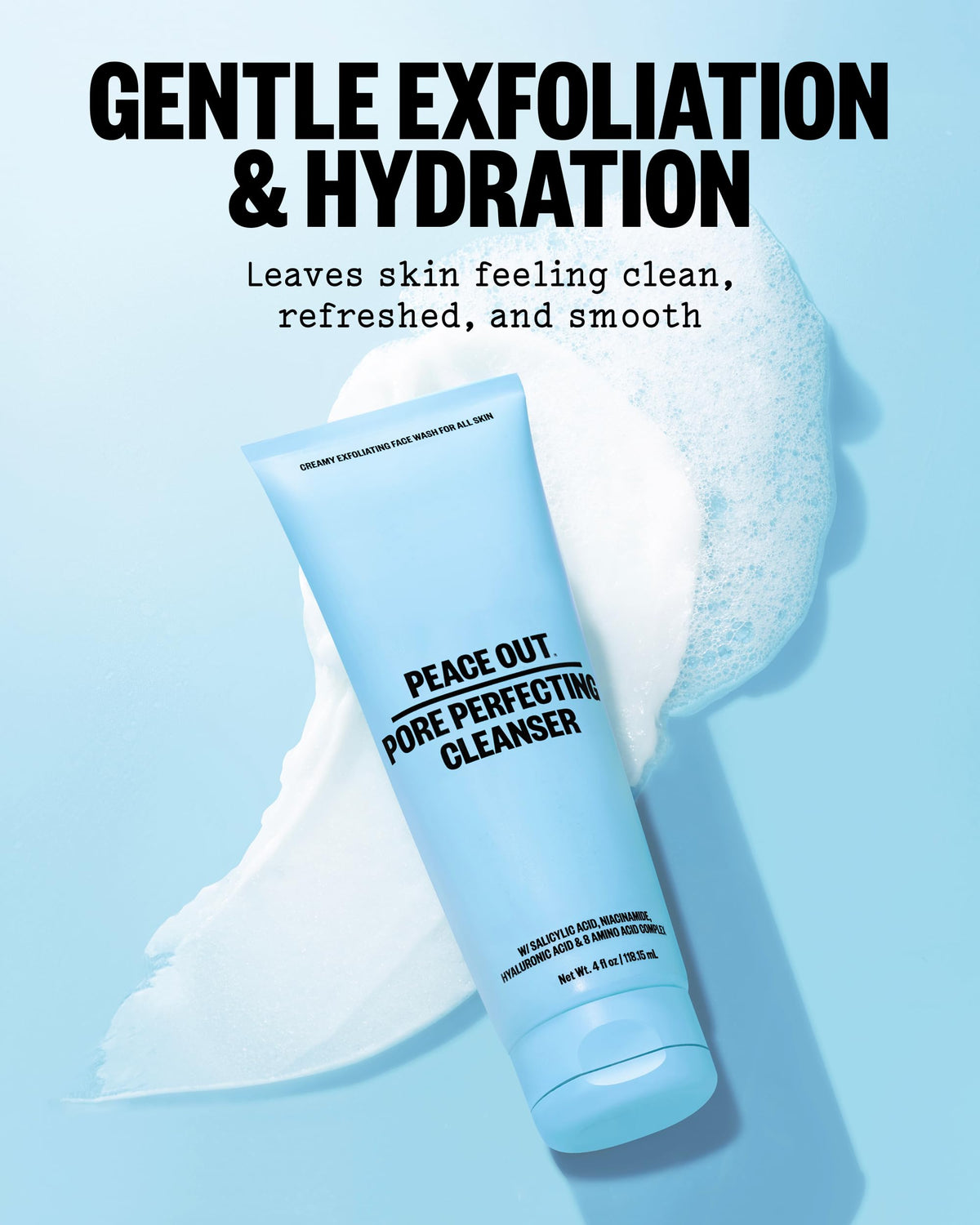 PEACE OUT cream-to-foam texture close-up showing gentle exfoliating feel