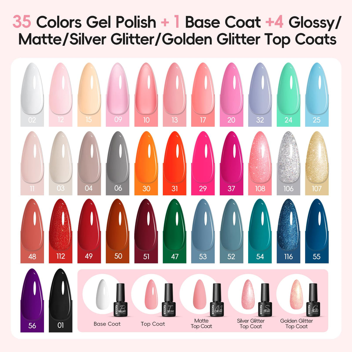 PEACECOLOR 35 gel polish colors displayed to show shade variety and choice