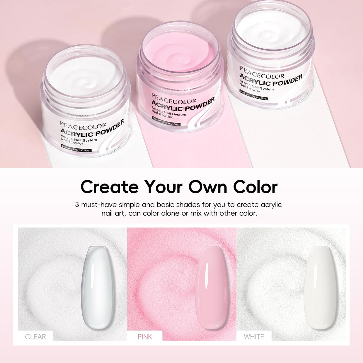 PEACECOLOR acrylic powders close-up showing pigment range for versatile color options