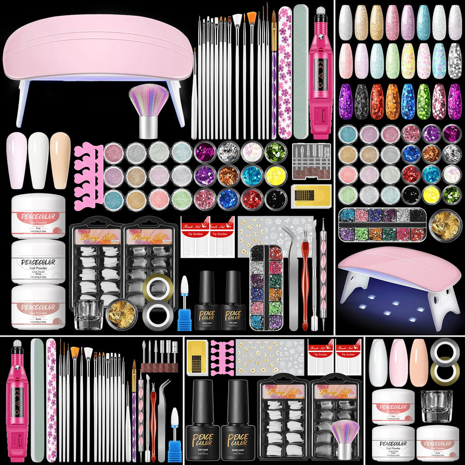 PEACECOLOR full kit layout showing tools and powders for complete at-home acrylic nails