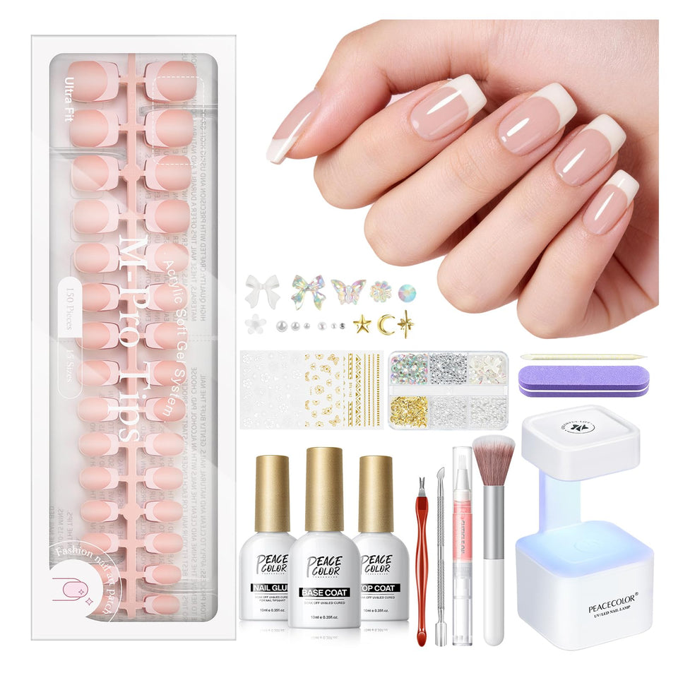 PEACECOLOR front packaging showing full 150-piece kit and included lamp benefit: complete at-home manicure