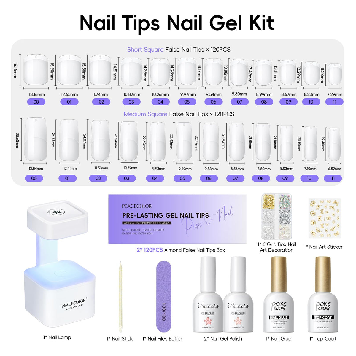 PEACECOLOR arranged nail tips showing 12 sizes for accurate fit