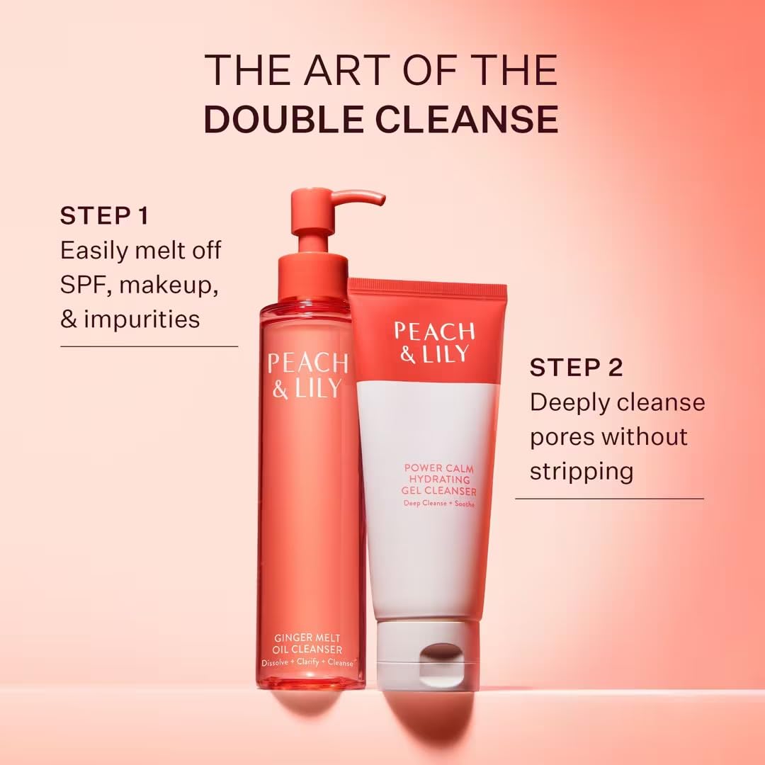 Peach & Lily bottle on bathroom vanity conveying daily self-care routine
