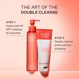 Peach & Lily bottle on bathroom vanity conveying daily self-care routine