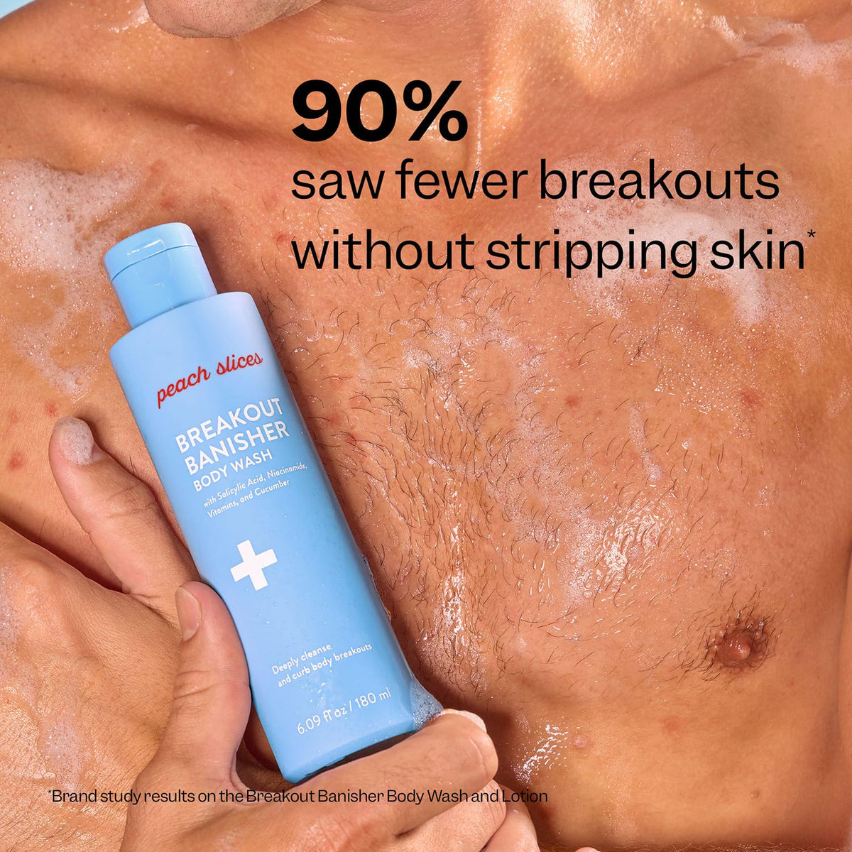 Peach & Lily body wash in shower being applied to back to clear breakouts