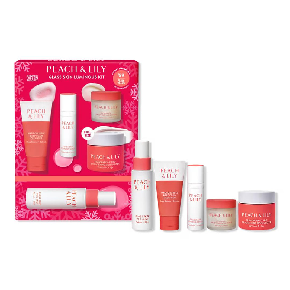 Peach & Lily kit front packaging showing holiday box and glow benefits