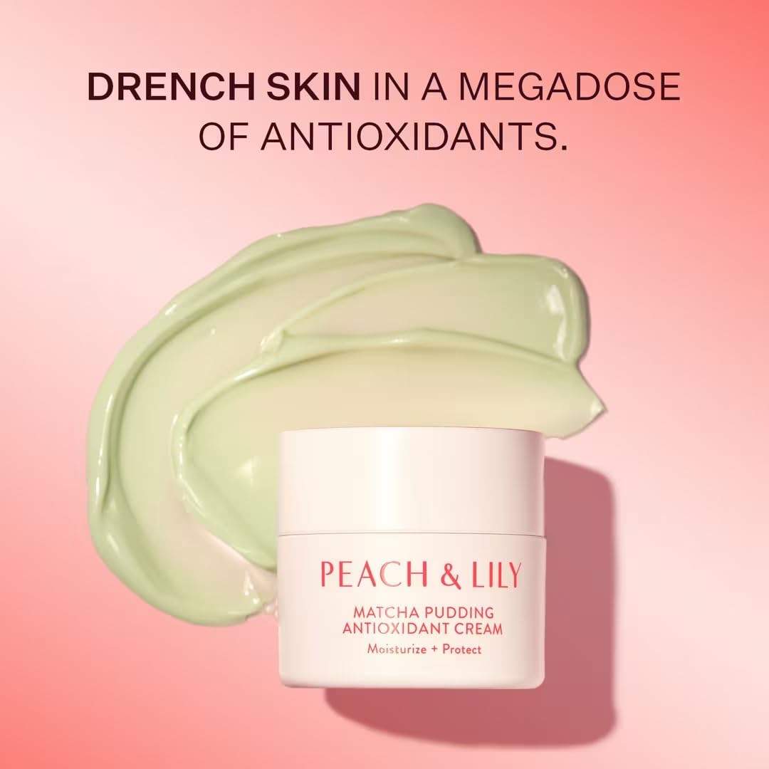 Peach & Lily flatlay with matcha powder and actives showing natural antioxidant benefits