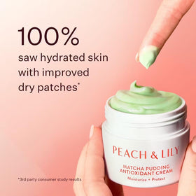 Peach & Lily open jar top-down view showing pudding-like green cream