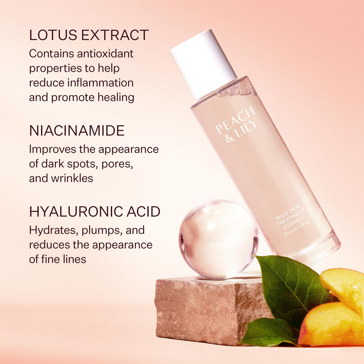 Peach & Lily ingredient label closeup highlighting actives like hyaluronic acid and niacinamide benefit