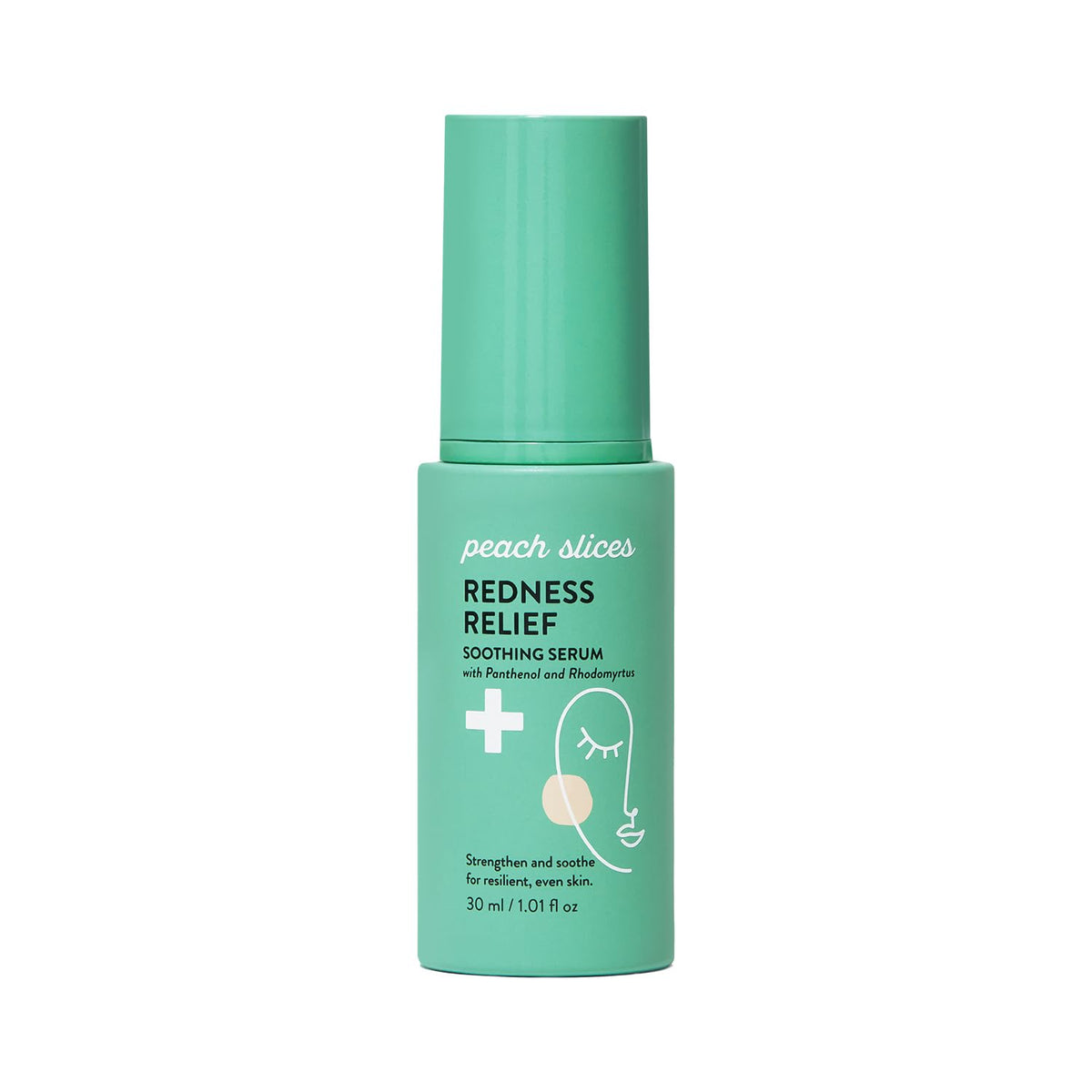 Peach Slices front bottle showing label and size, clear calming serum benefit