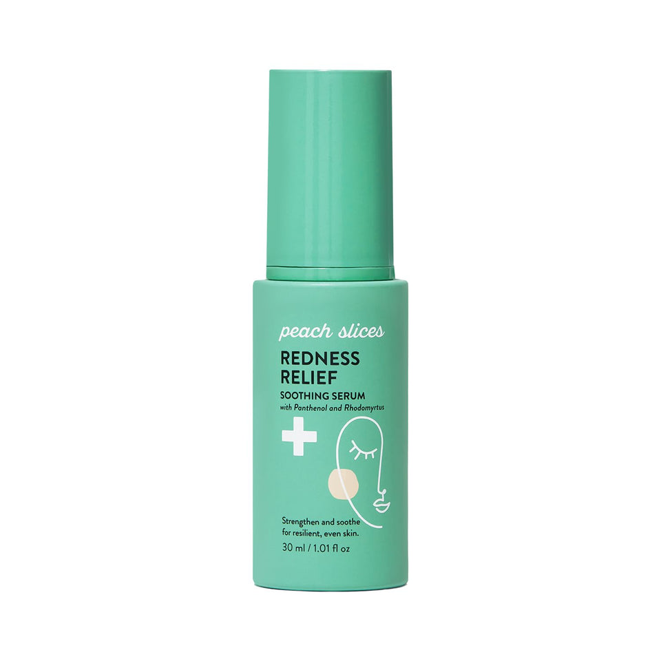 Peach Slices front bottle showing label and size, clear calming serum benefit