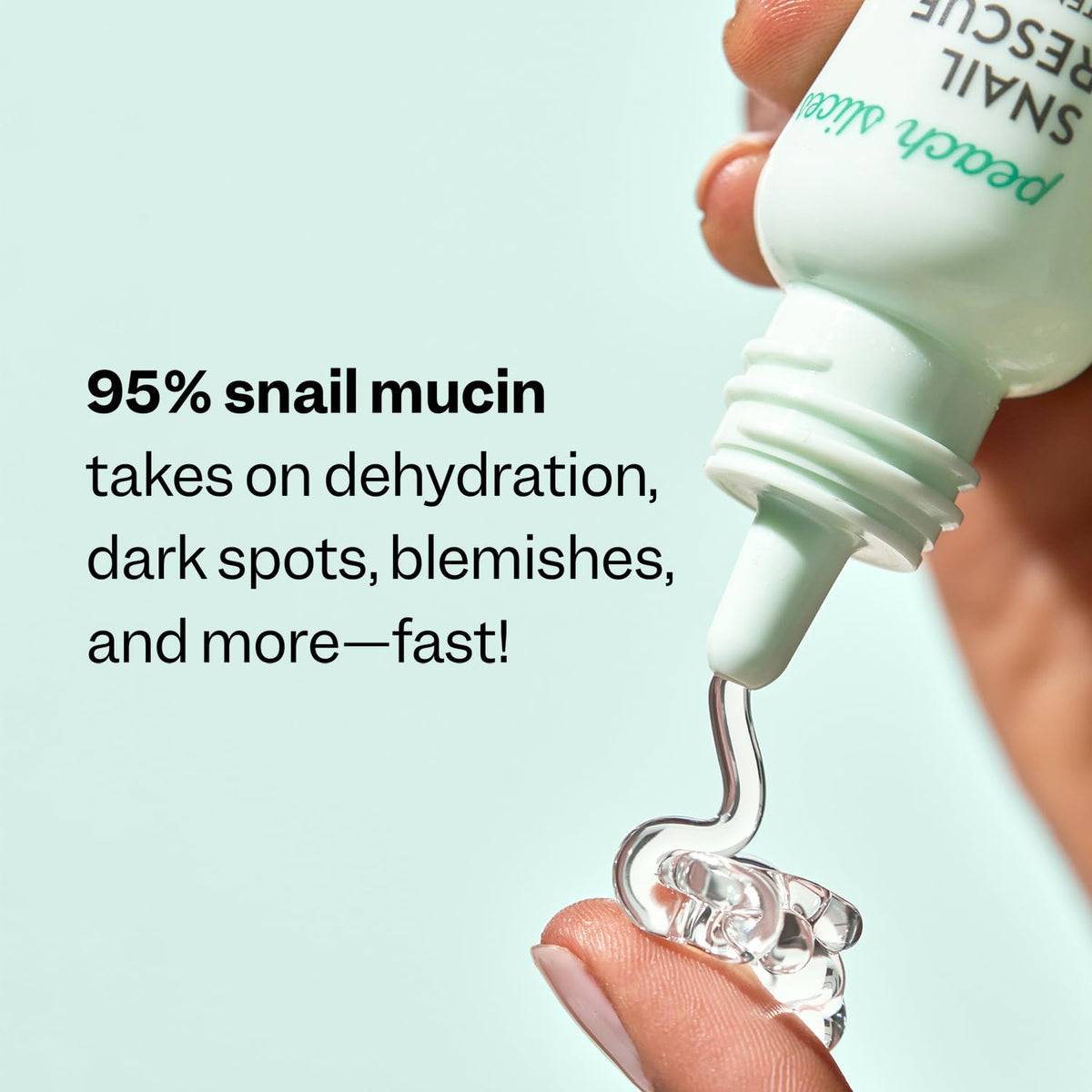 Peach Slices label close-up listing snail mucin and birch juice benefits