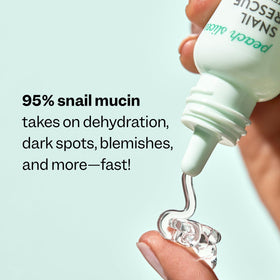 Peach Slices label close-up listing snail mucin and birch juice benefits