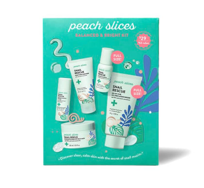 Peach Slices packaging front showing kit components and brightening hydration benefits