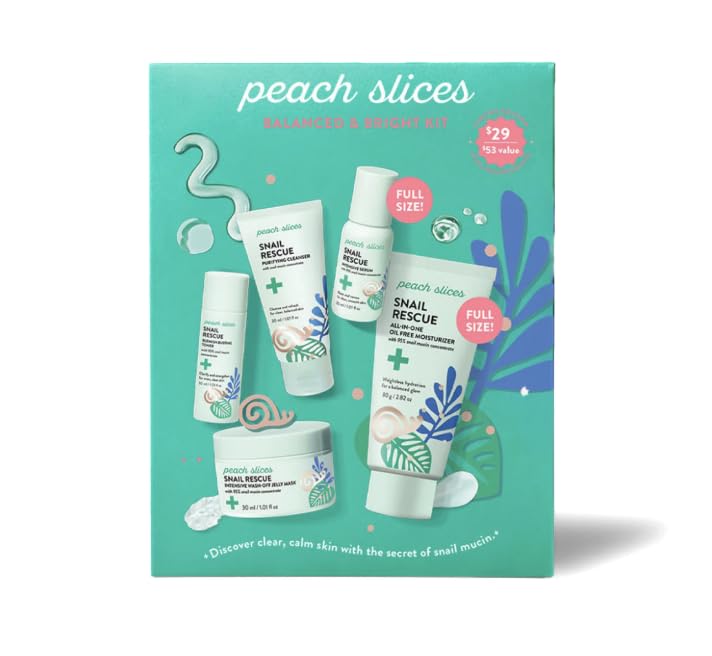 Peach Slices packaging front showing kit components and brightening hydration benefits