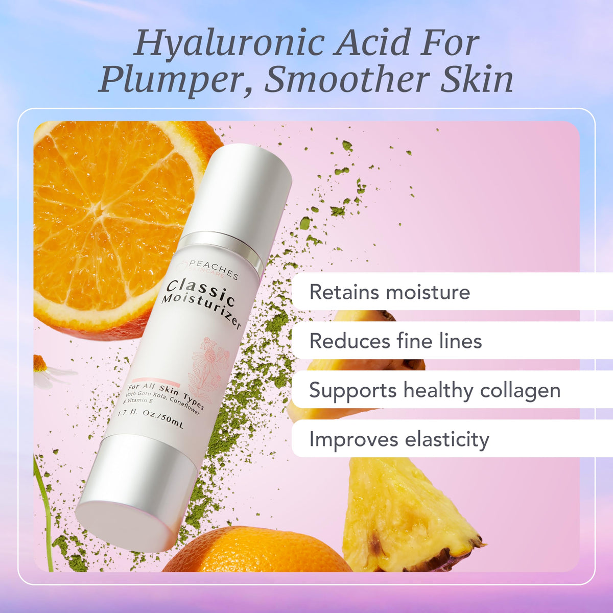 Peaches moisturizer on hand demonstrating quick absorption benefit