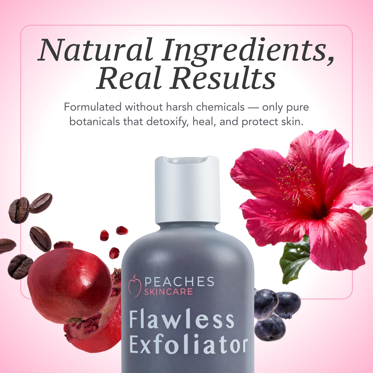 Peaches Skin Care ingredient flatlay with blueberry and coffee beans highlighting antioxidants