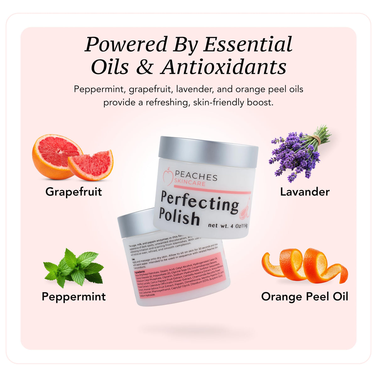 Peaches Skin Care applied on hand demonstrating mild polish action