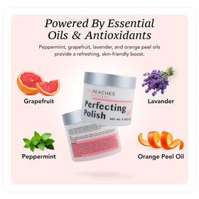 Peaches Skin Care applied on hand demonstrating mild polish action