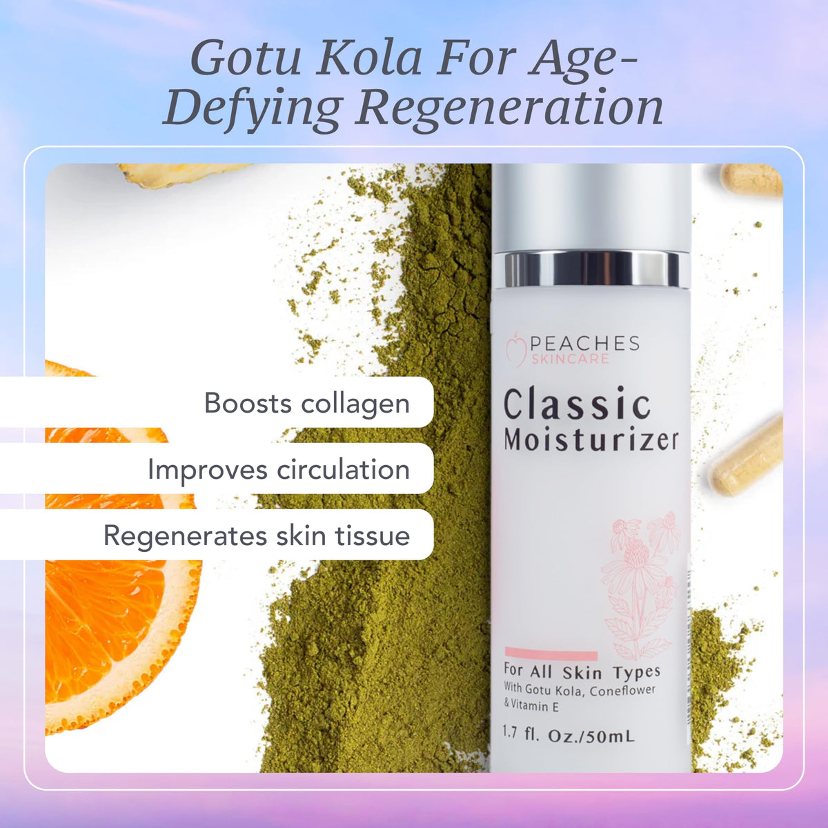 Peaches jar with pineapple and gotu kola highlighting natural actives