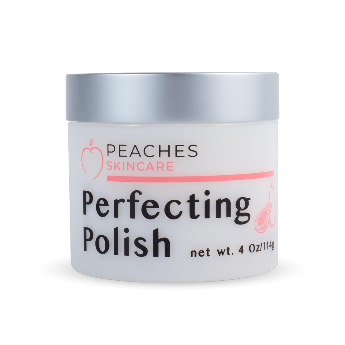 Peaches Skin Care front jar showing label and vegan polish benefits