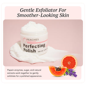 Peaches Skin Care open jar texture revealing fine sugar polish