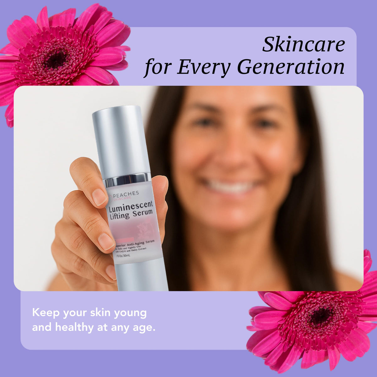 Peaches Skin Care daisy and licorice botanicals showing tone-evening benefit