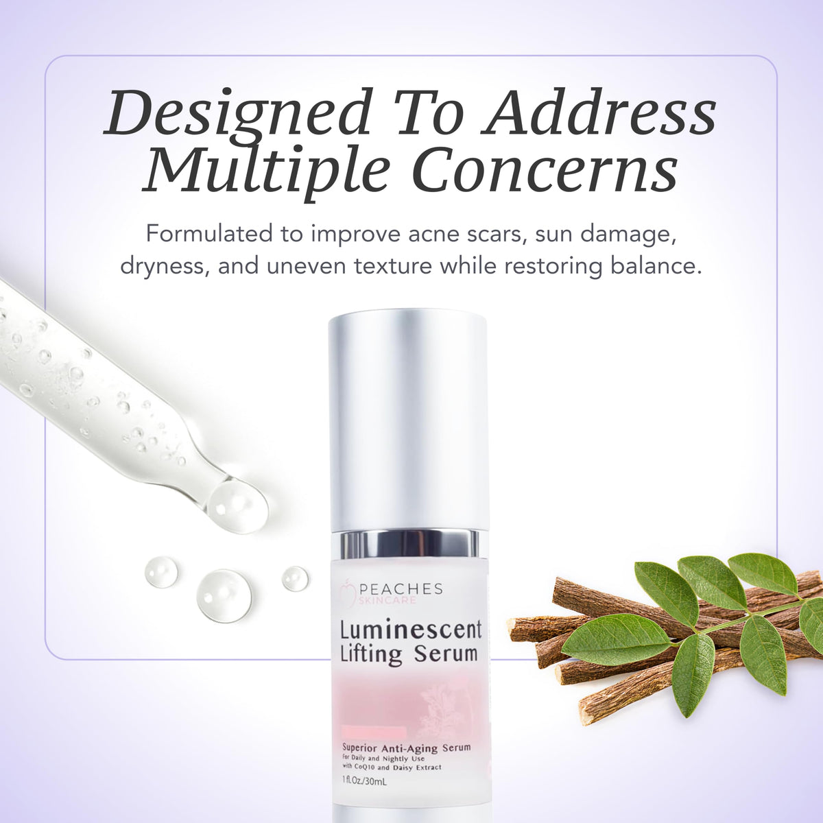 Peaches Skin Care ingredient label showing peptide and vitamin blend benefits
