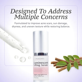 Peaches Skin Care ingredient label showing peptide and vitamin blend benefits