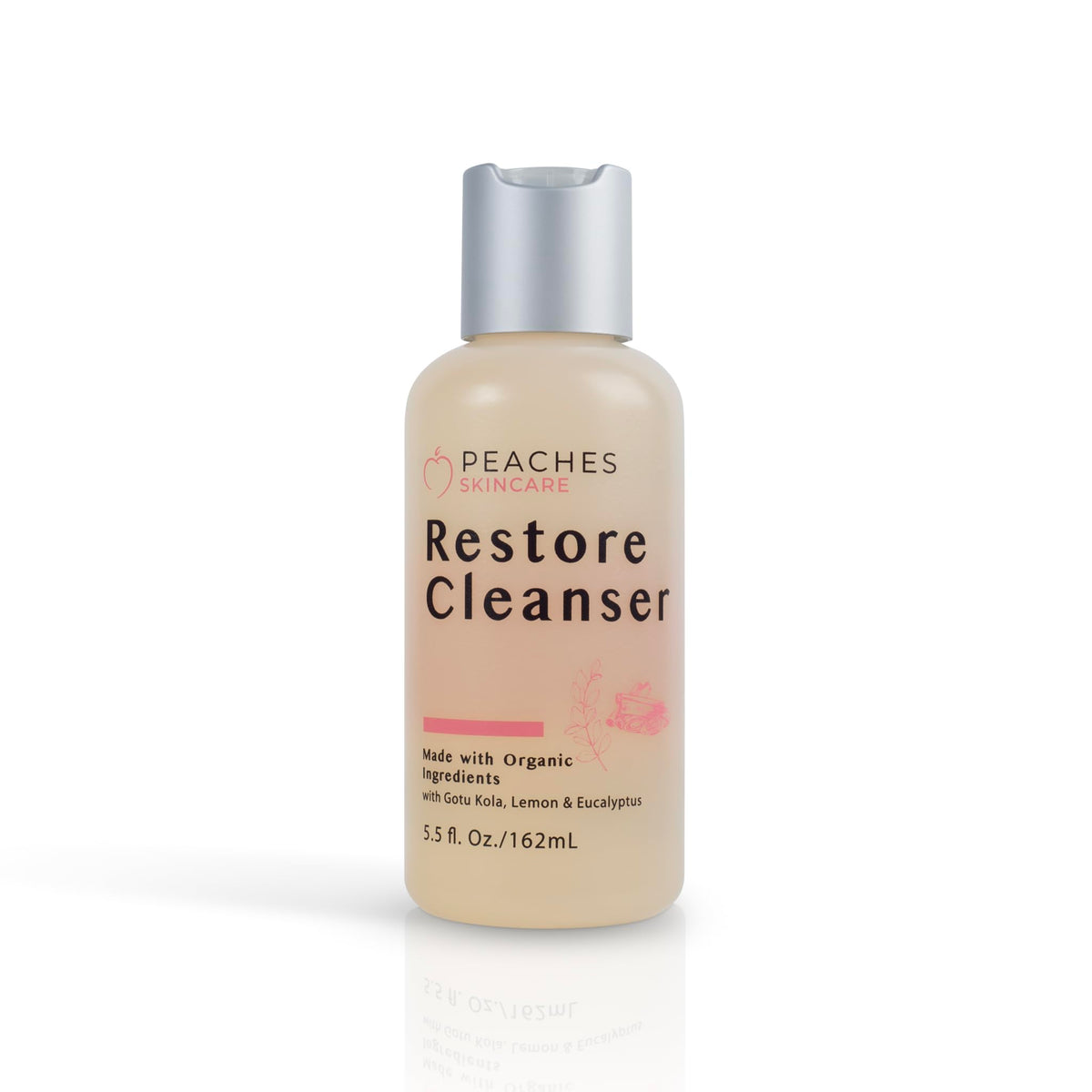 Peaches Skin Care front bottle showing label and 5.5 oz size, highlighting travel-ready convenience