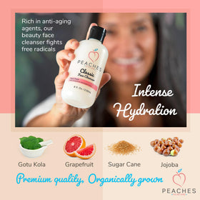 Peaches Skin Care ingredients flatlay with grapefruit and sugar cane for clarity